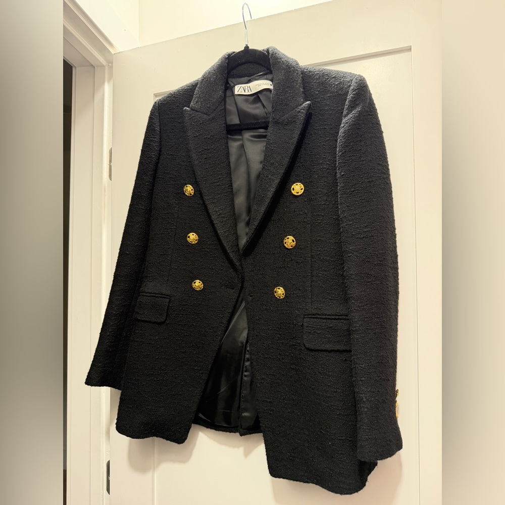 Zara Textured Black Jacket with Gold Accents buttons